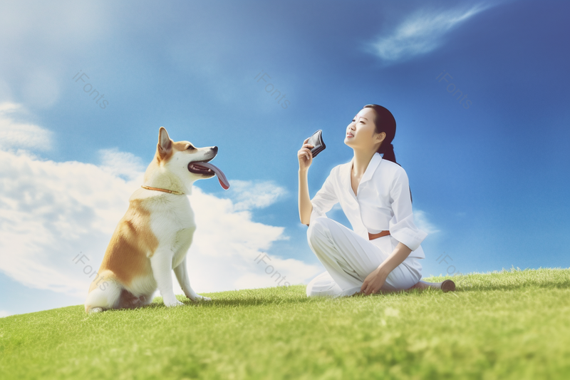 草地上的宠物狗和少女,高清,摄影图,摄影图片,图片大全,摄影图免费下载